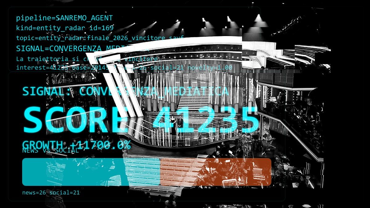 Fedez e Marco Masini sul palco dell’Ariston durante la finale di Sanremo 2026